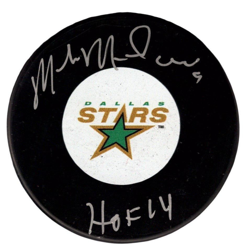Mike Modano Signed Autographed Stars Logo Puck w/ HOF 2014 JSA Witness COA