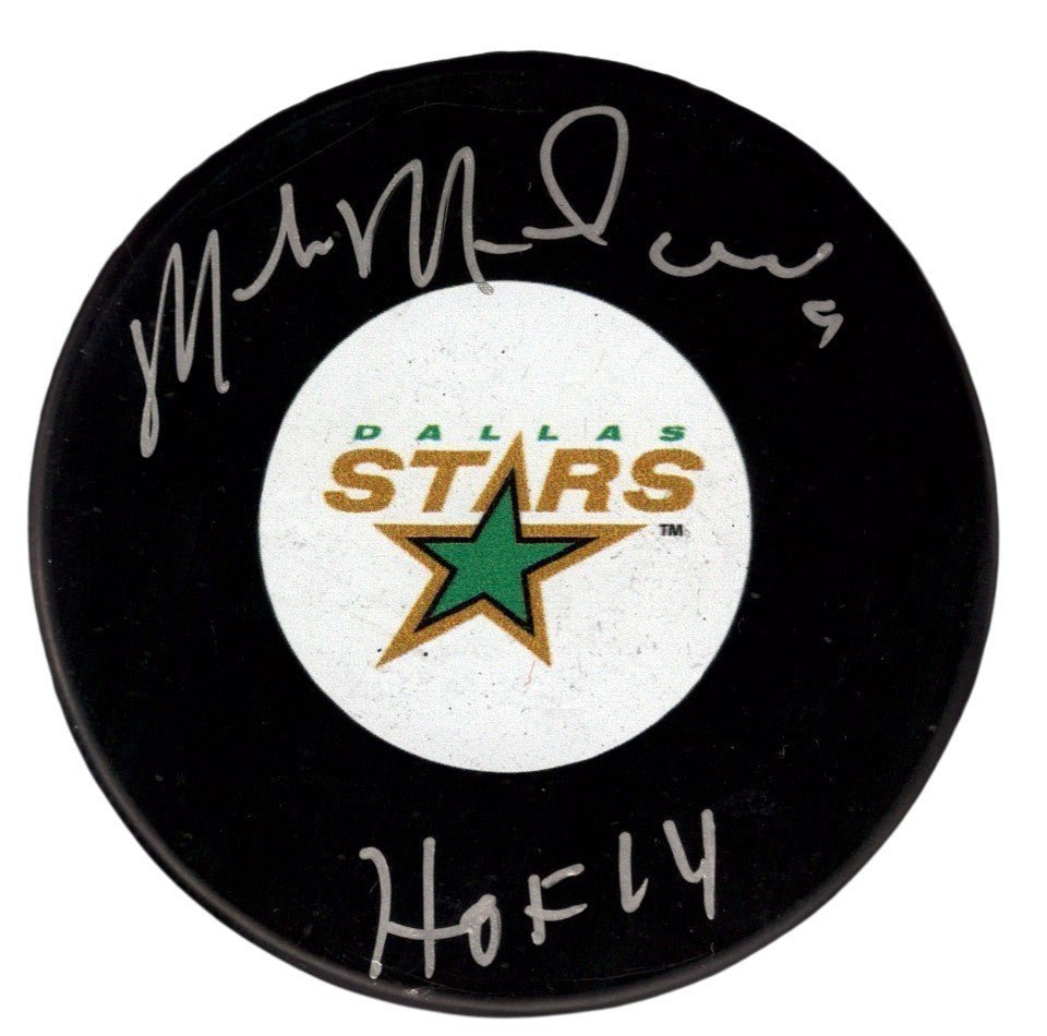 Mike Modano Signed Autographed Stars Logo Puck w/ HOF 2014 JSA Witness COA