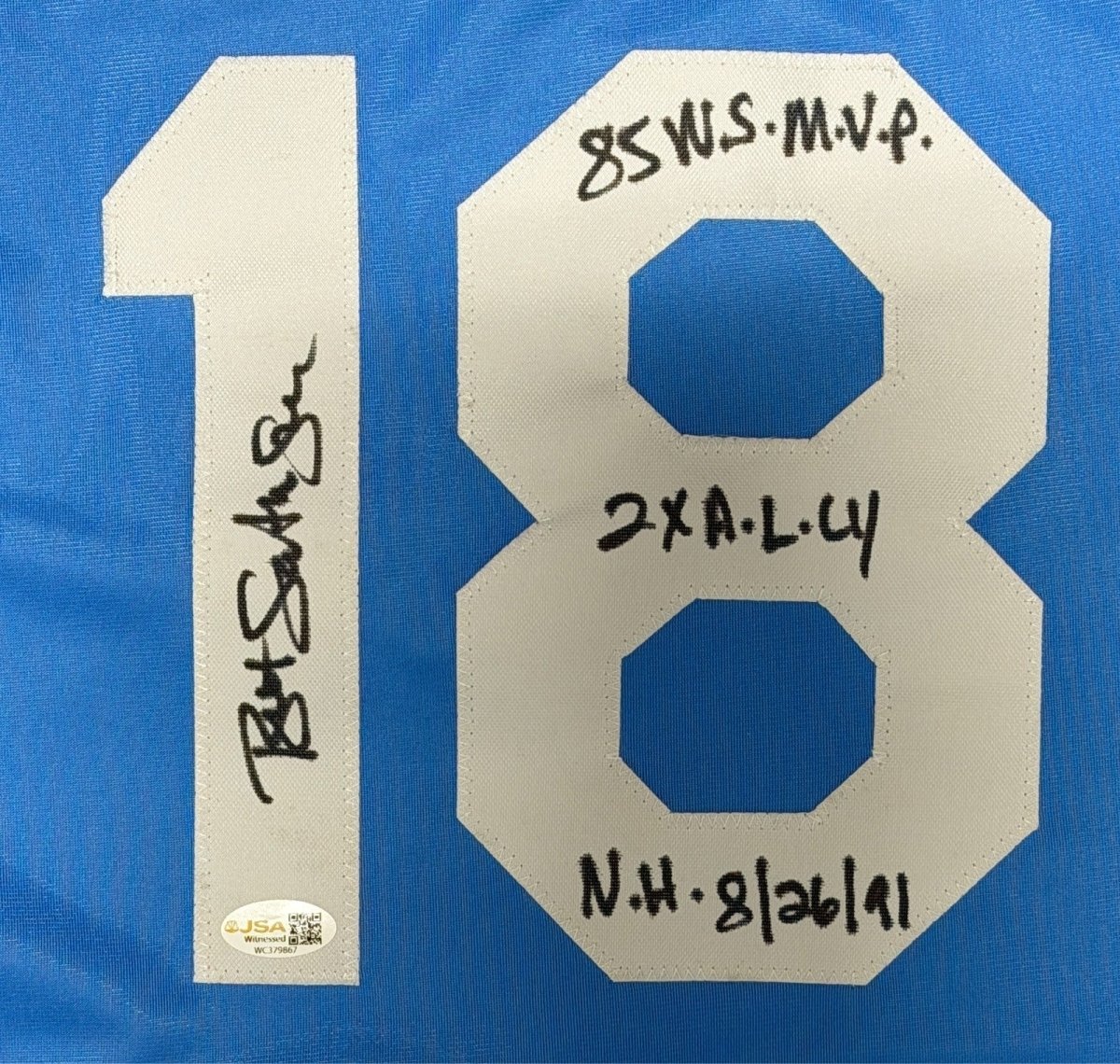 Bret Saberhagen Signed Kansas City Royals Custom Jersey w/ 3 Ins JSA Witness COA
