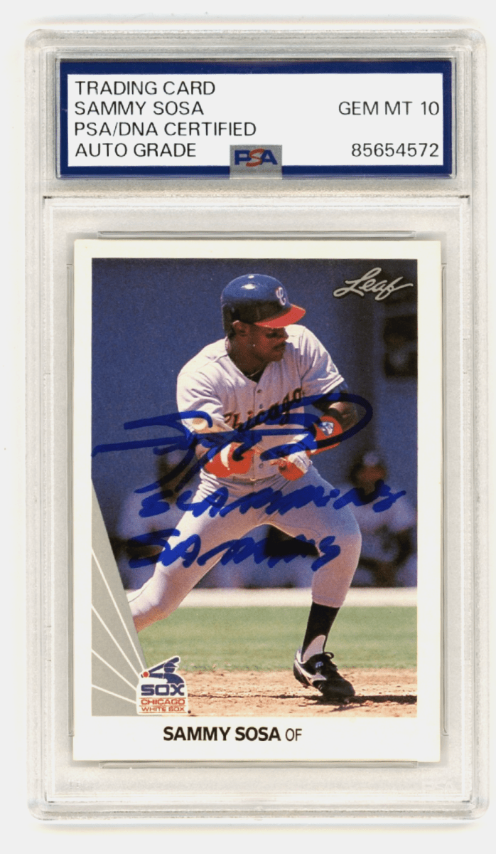 Sammy Sosa 1990 Leaf #220 Signed Rookie RC Slamming Sammy PSA 10 Auto White Sox