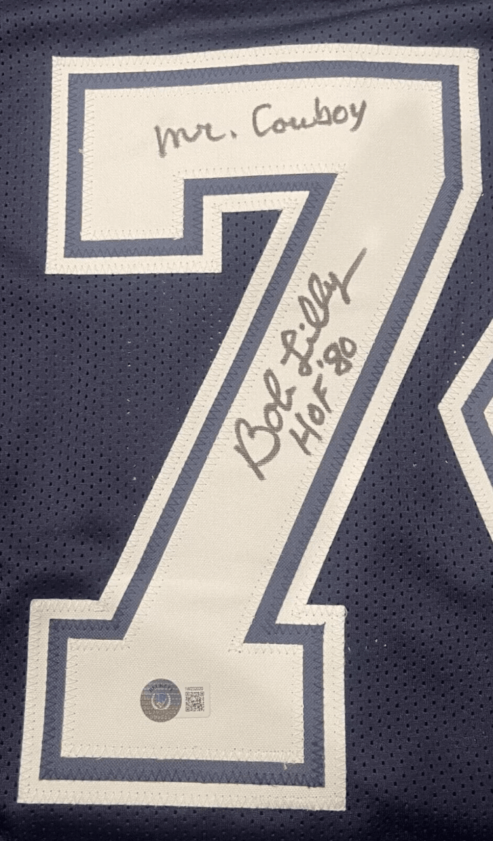 Bob Lilly Signed Dallas Cowboys Navy Custom Jersey w/ 4 Ins Beckett Wit BAS COA