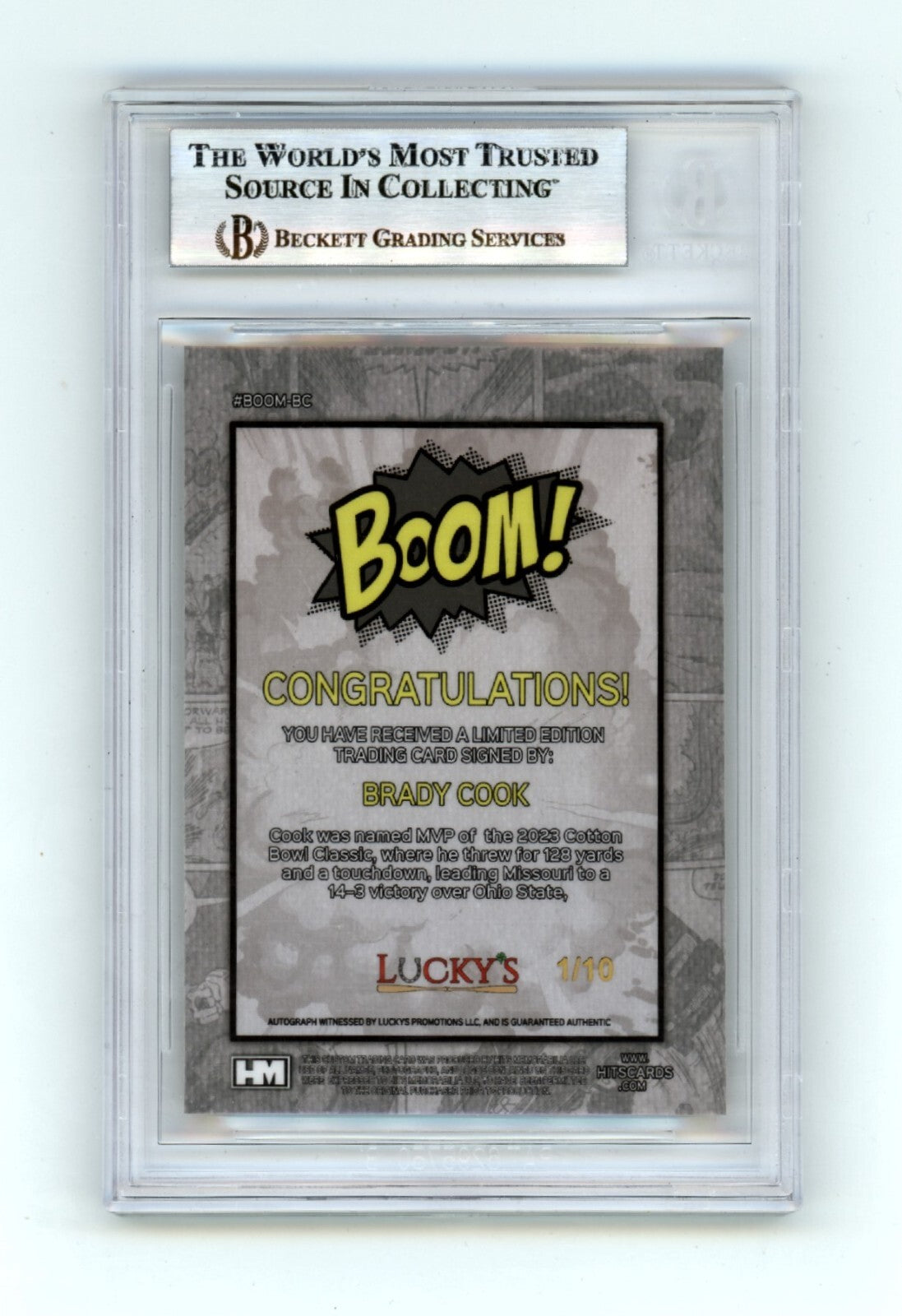 Brady Cook 2024 Hits Memorabilia BOOM Gold #/10 Signed BGS BAS Auto Missouri