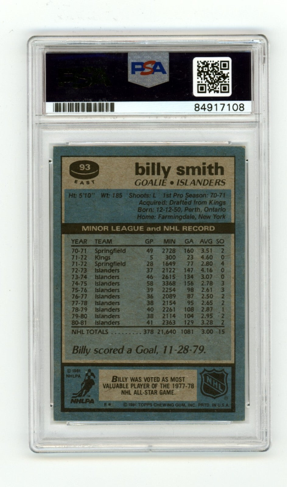 Billy Smith 1981-82 Topps East #93 Signed PSA Authentic Black Auto Islanders HOF