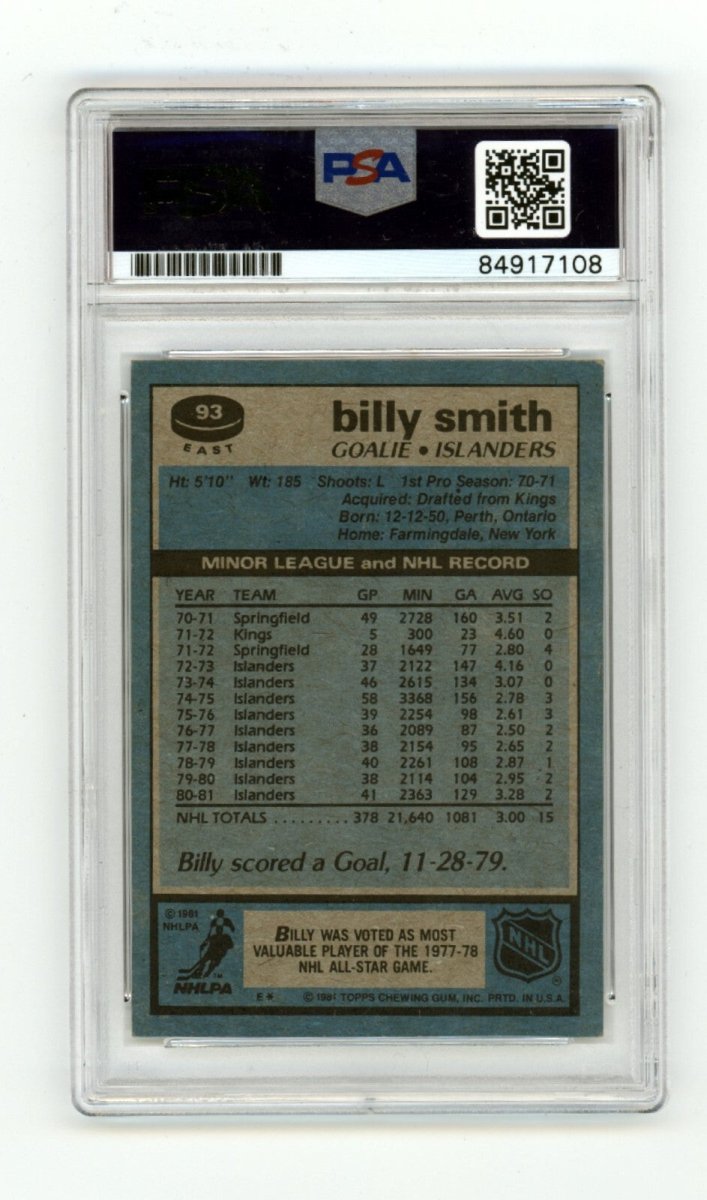 Billy Smith 1981-82 Topps East #93 Signed PSA Authentic Black Auto Islanders HOF
