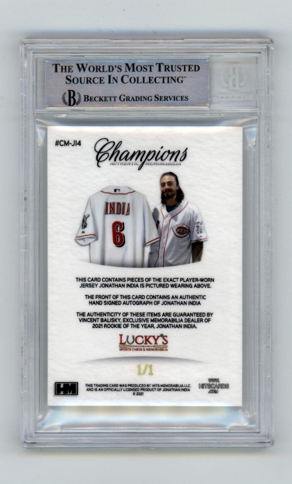 Jonathan India 2021 Hits Memorabilia Champions Gold Logoman Patch Auto RC /1 BGS