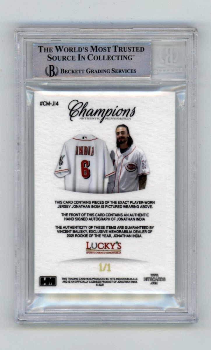 Jonathan India 2021 Hits Memorabilia Champions Gold Logoman Patch Auto RC /1 BGS