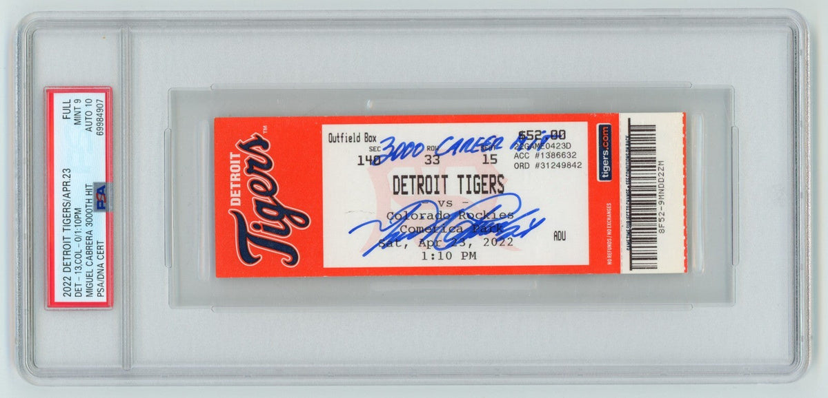 Miguel Cabrera Signed 3000th Hit Ticket 4/23/2022 w/ Inscription PSA 9 + Auto 10