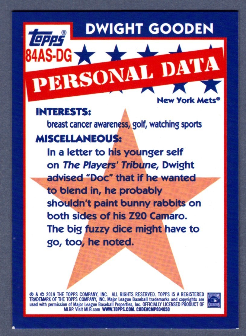 Dwight Doc Gooden Signed 2019 Topps 1984 Topps All-Stars #84AS-DG Blue LSCM COA