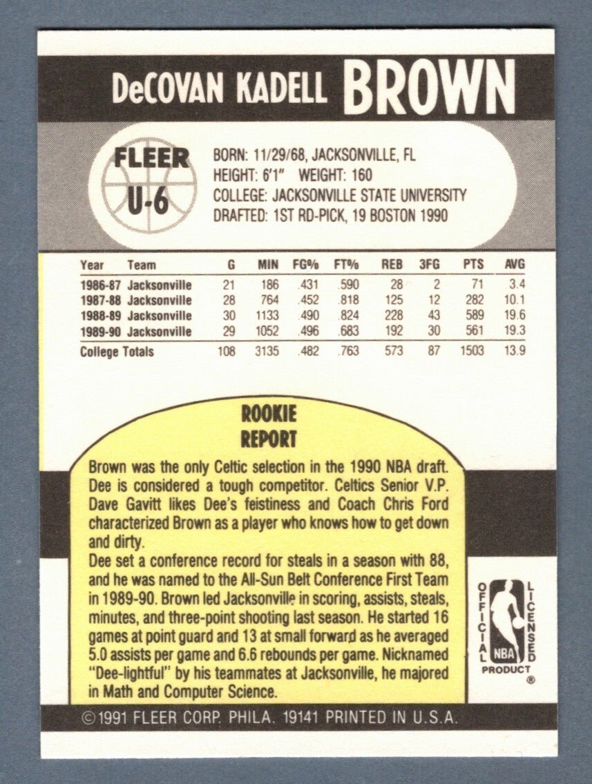 Dee Brown Signed 1990-91 Fleer Update NBA Rookie RC #U-6 LSCM COA Celtics