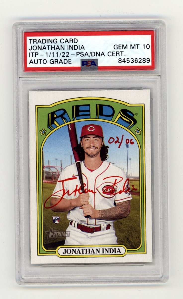 Jonathan India 2021 Topps Heritage High Number RC Red Ink #/6 Signed PSA 10 Auto