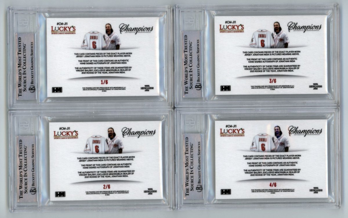 Jonathan India 2021 Hits Memorabilia Champions Red Prime Button Auto RC #/6 BGS