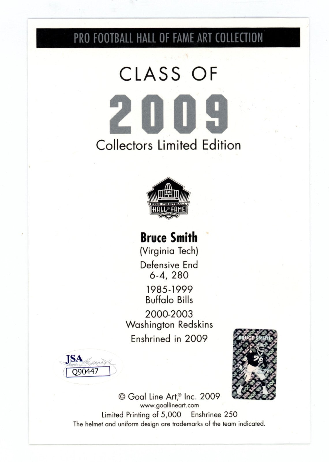 Bruce Smith Signed Auto GLAC Goal Line Art Card #250 JSA COA Buffalo Bills