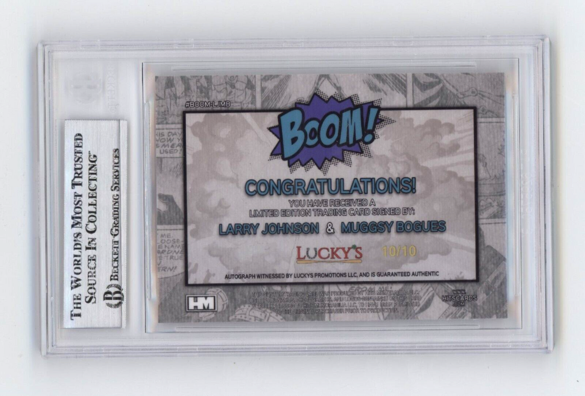 Larry Johnson &amp; Muggsy Bogues 2024 Hits BOOM Gold #/10 Dual Signed BGS BAS Auto