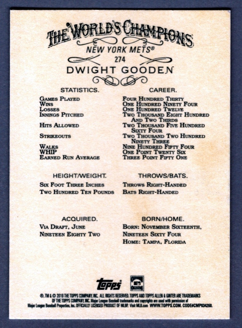Dwight Doc Gooden Signed 2019 Topps Allen &amp; Ginter Gold Hot Box #274 LSCM COA