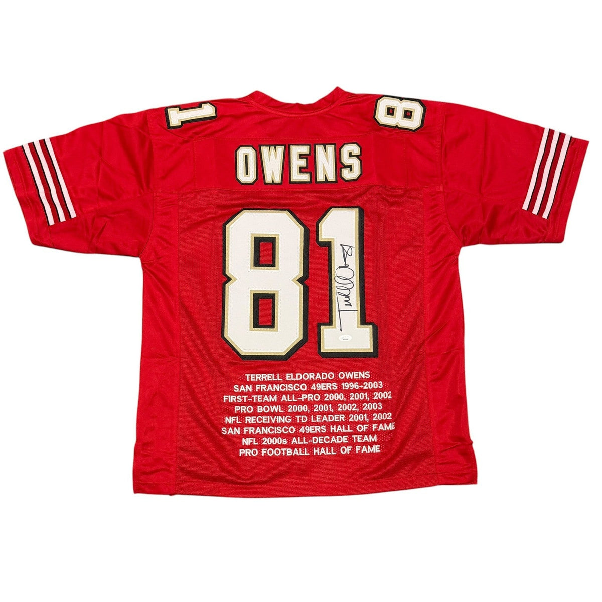 Terrell Owens Signed Autographed San Francisco 49ers Stat Custom Jersey JSA COA