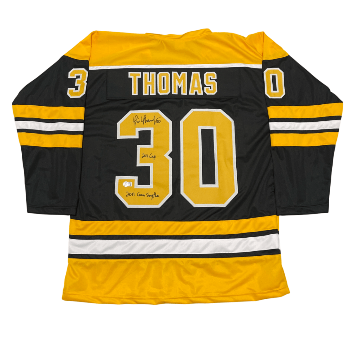 Tim Thomas Signed Bruins Custom Jersey w 2011 Cup &amp; Con Smythe Beckett W BAS COA