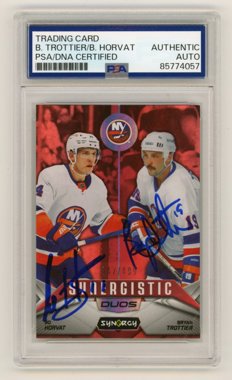 Bo Horvat &amp; Bryan Trottier 2024-25 UD Synergy Red #/499 Dual Signed PSA Auto