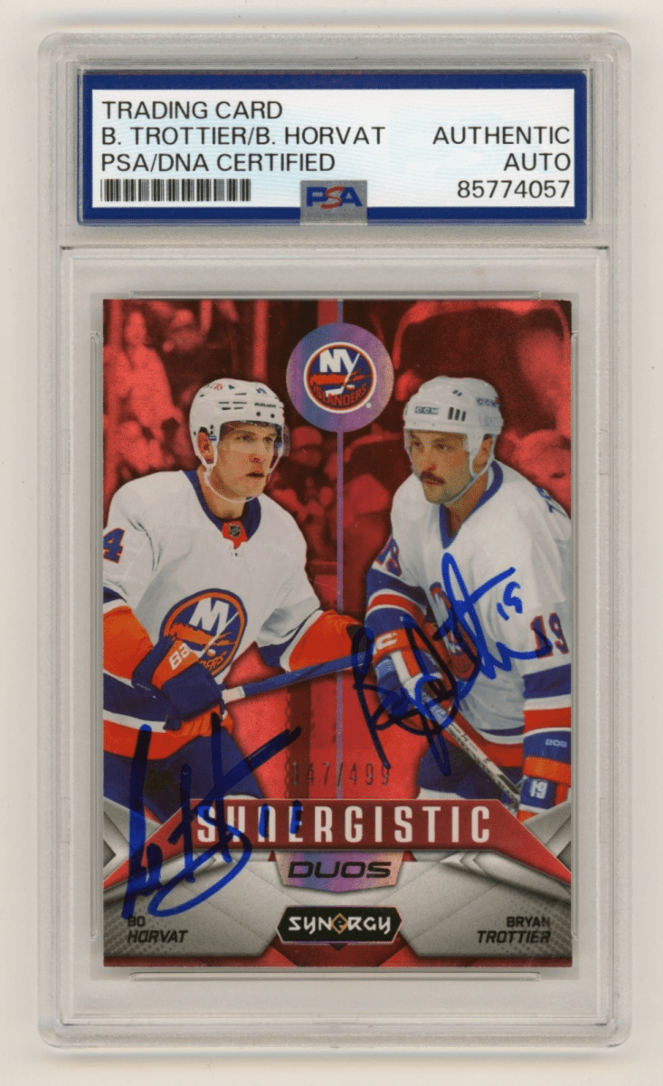 Bo Horvat & Bryan Trottier 2024-25 UD Synergy Red #/499 Dual Signed PSA Auto