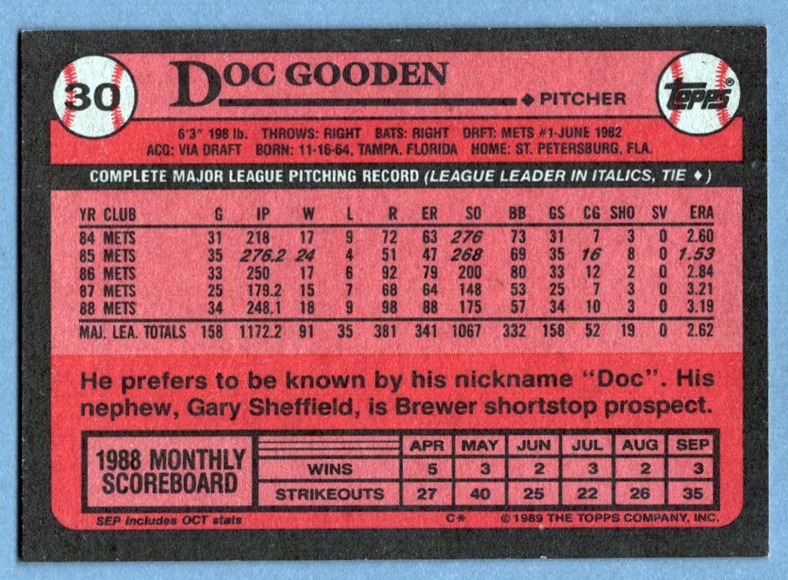 Dwight Doc Gooden Signed Autographed 1989 Topps #30 LSCM COA New York Mets