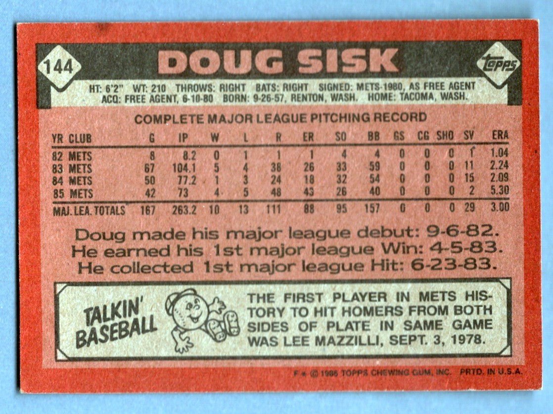 Doug Sisk Signed 1986 Topps #144 w/ 86 WSC LSCM COA New York Mets