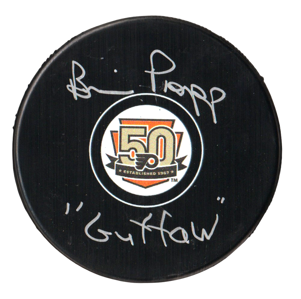 Brian Propp Signed Philadelphia Flyers 50th Puck w/ Guffaw Beckett Wit BAS COA