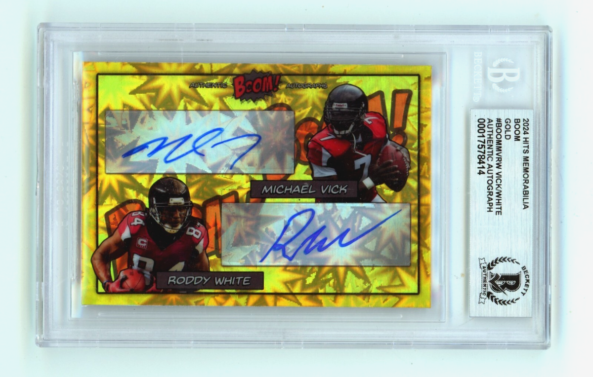Michael Vick &amp; Roddy White 2024 Hits Mem BOOM Gold MV JSY # 7/10 Signed BGS Auto