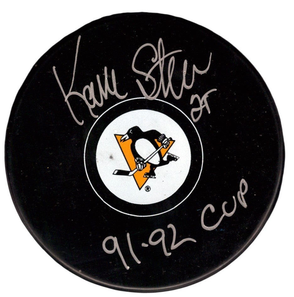Kevin Stevens Signed Pittsburgh Penguins Logo Puck w/ 91-92 Cup JSA Witness COA