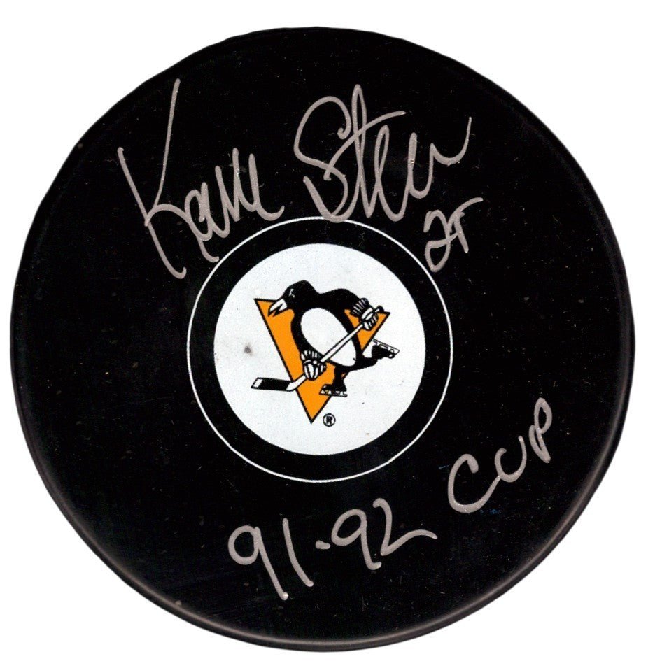 Kevin Stevens Signed Pittsburgh Penguins Logo Puck w/ 91-92 Cup JSA Witness COA