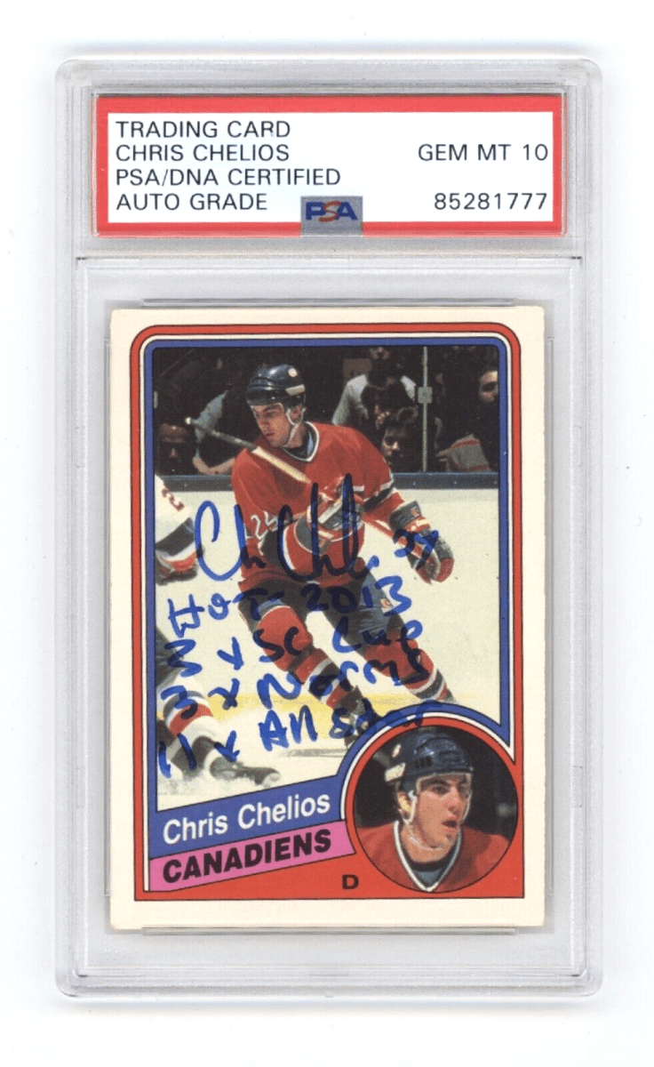 Chris Chelios 1984-85 O-Pee-Chee OPC Rookie Card RC w/ 4 Insc Signed PSA 10 Auto