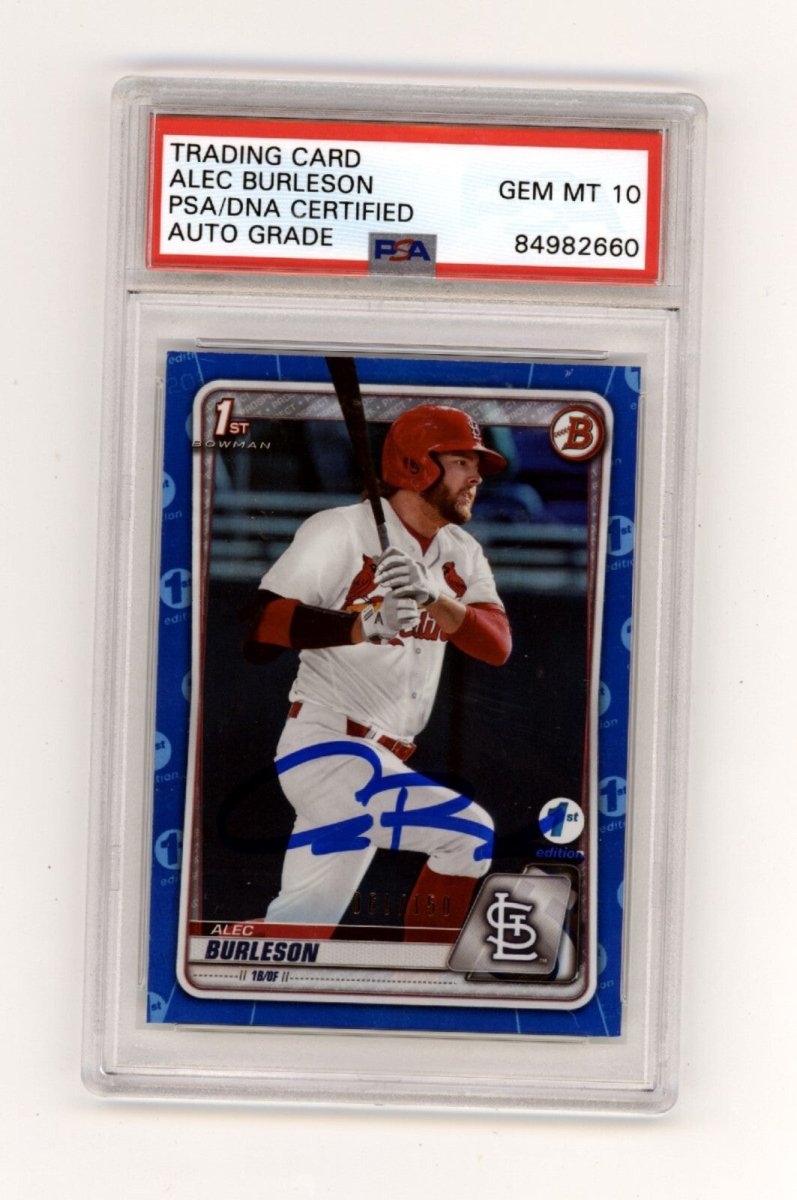 Alec Burleson 2020 Bowman Draft 1st Edition Blue Foil #61/150 RC PSA 10 Auto