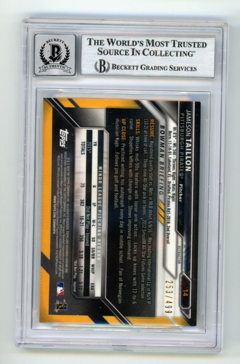 Jameson Taillon 2016 Bowman Chrome Refractor 14 #/499 Signed RC BGS 10 Auto Cubs