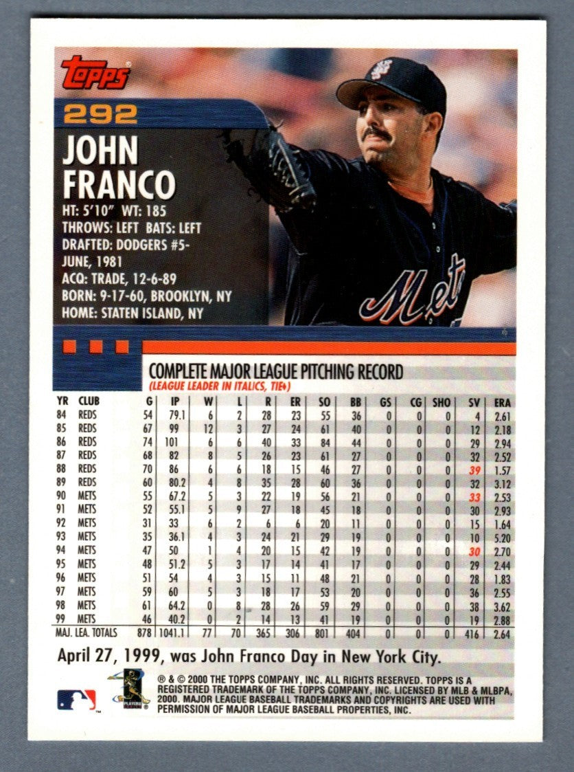 John Franco Signed Autographed 2000 Topps #292 LSCM COA New York Mets
