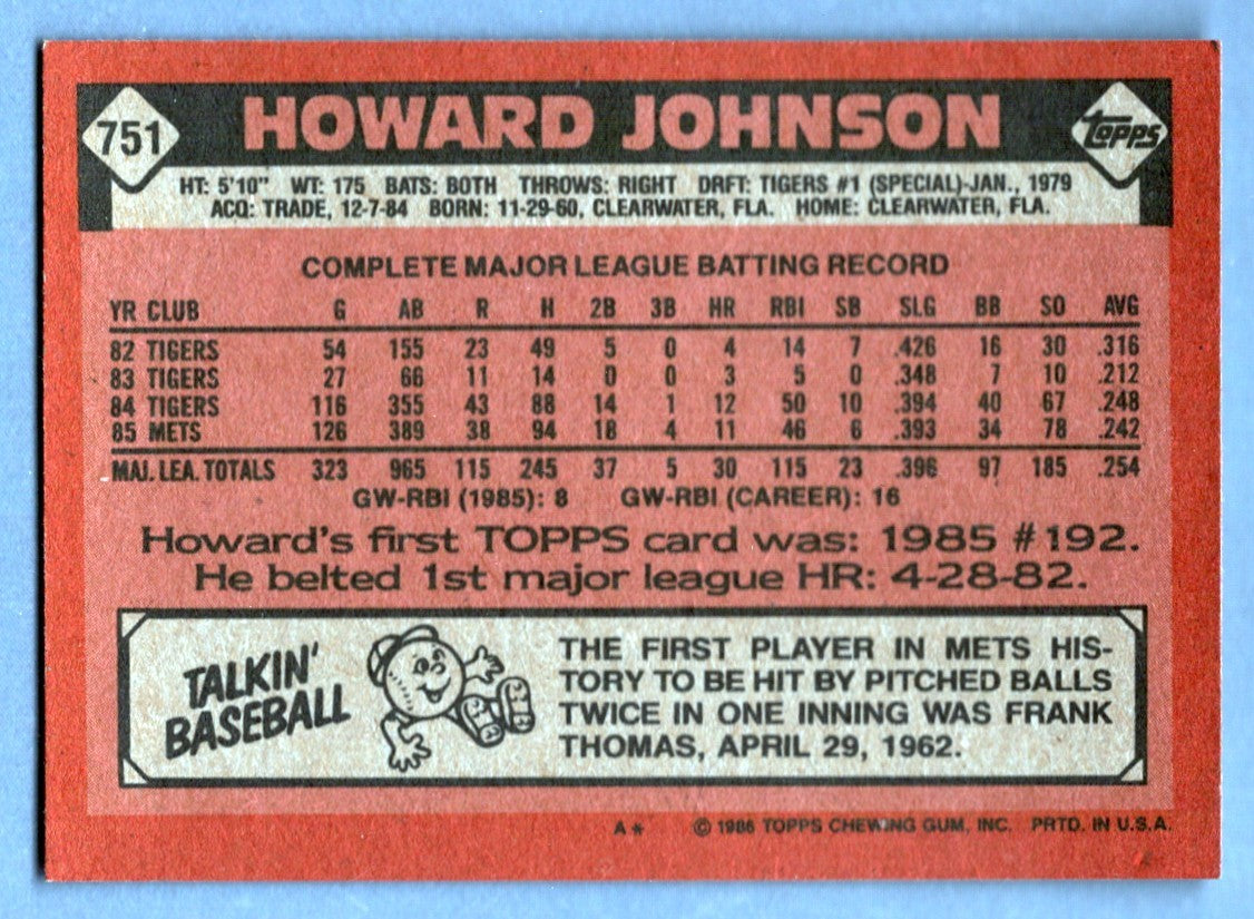 Howard Johnson Signed 1986 Topps #751 w/ 86 Champs LSCM COA New York Mets