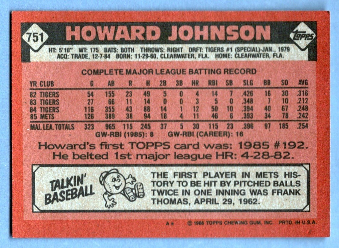 Howard Johnson Signed 1986 Topps #751 w/ 86 Champs LSCM COA New York Mets