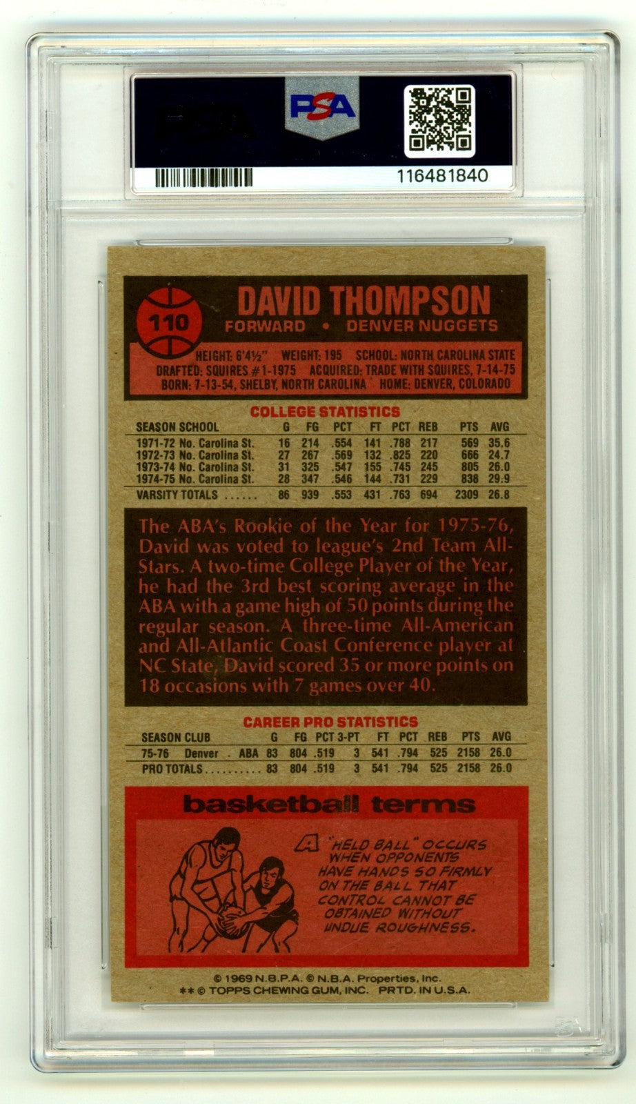 David Thompson 1976-77 Topps #110 Tall Boy RC Signed w/ HOF 96 PSA 10 Auto