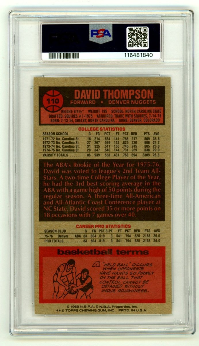 David Thompson 1976-77 Topps #110 Tall Boy RC Signed w/ HOF 96 PSA 10 Auto