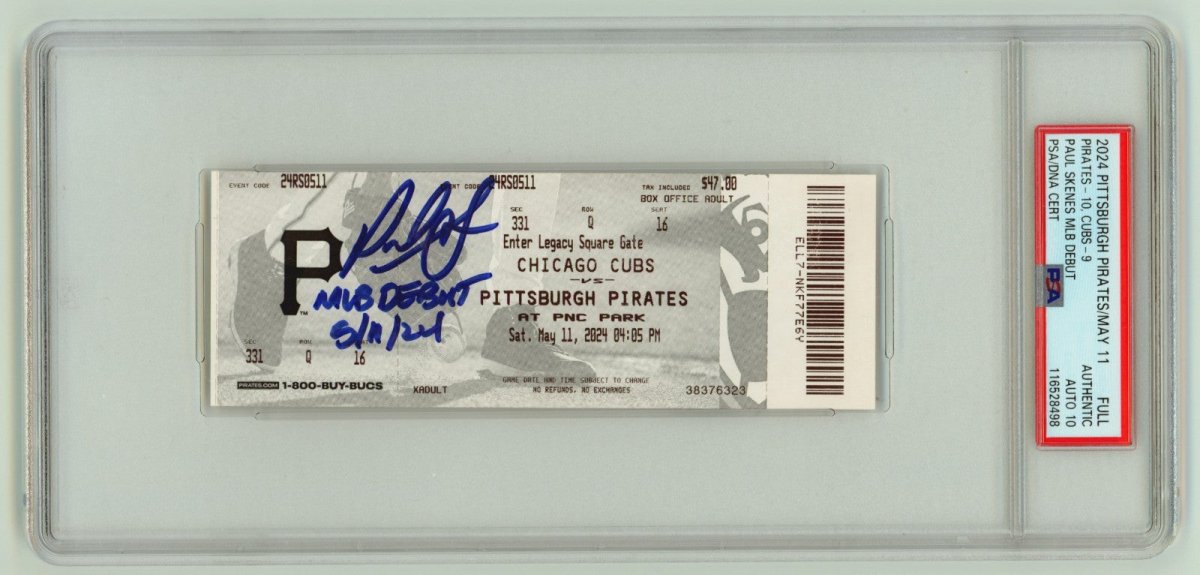 Paul Skenes Signed MLB Debut Ticket 5/11/2024 w/ Inscription PSA 10 Auto Pirates