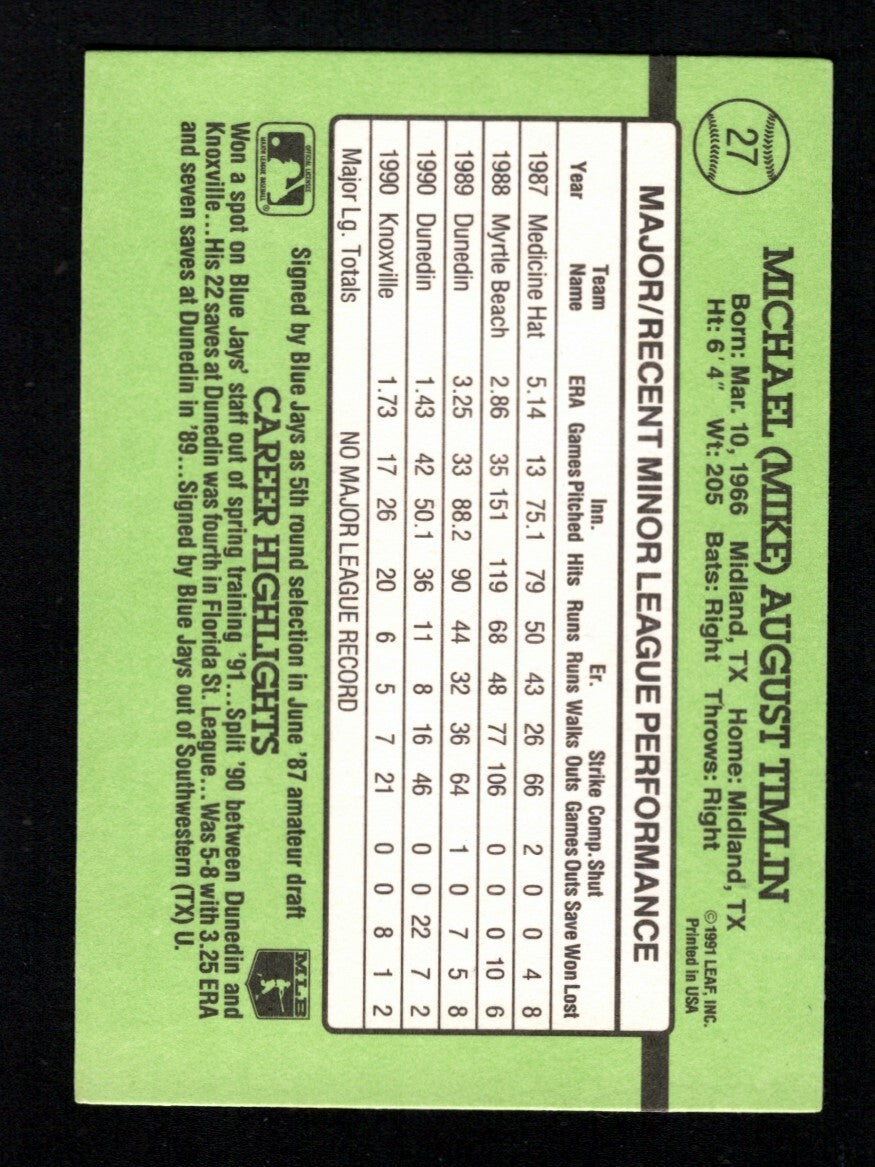 Mike Timlin Signed Auto 1991 Donruss The Rookies RC #27 LSCM COA Blue Jays