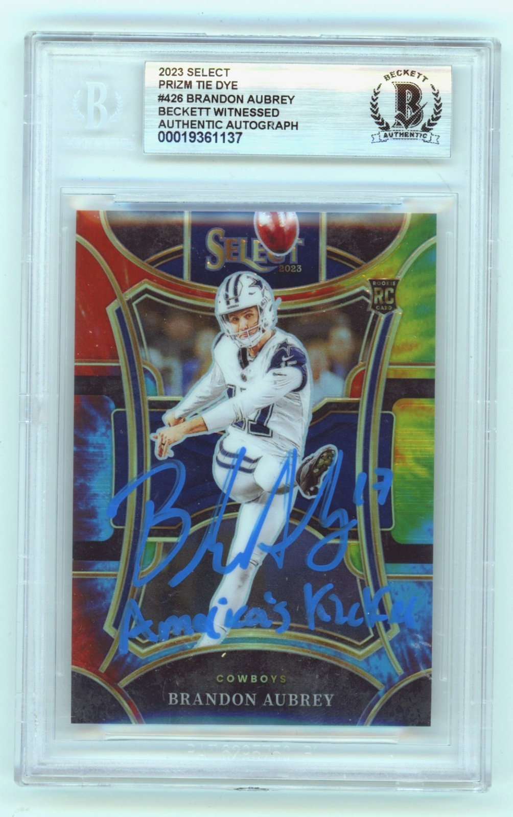 Brandon Aubrey 2023 Panini Select Tie-Dye Prizm Signed w/ Insc. RC #/25 BGS Auto