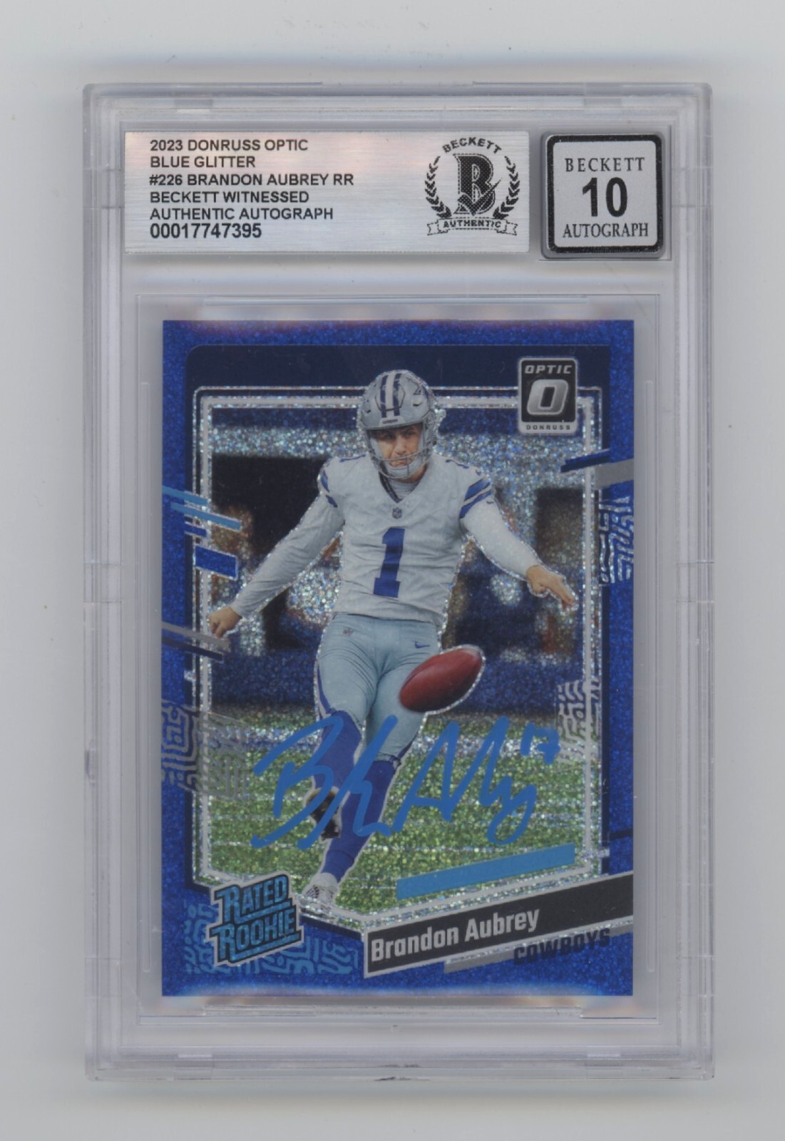 Brandon Aubrey 2023 Donruss Optic Blue Glitter 226 RC Signed Beckett BGS 10 Auto