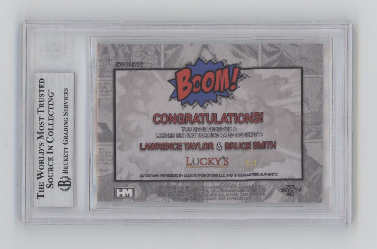 Bruce Smith &amp; Lawrence Taylor 2024 Hits BOOM Super #1/1 Dual Signed BGS BAS Auto