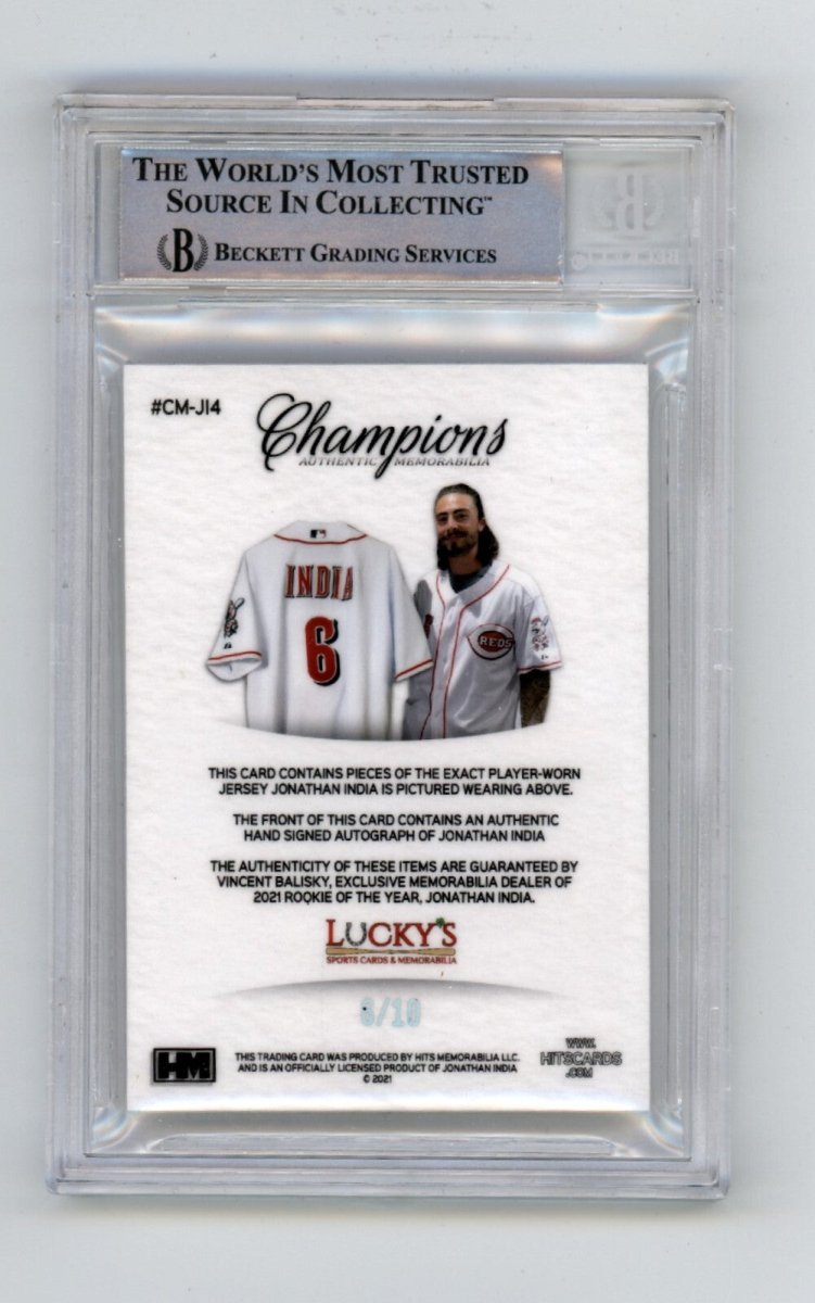 Jonathan India 2021 Hits Memorabilia Champions Silver Patch Auto RC 6/10 BGS BAS