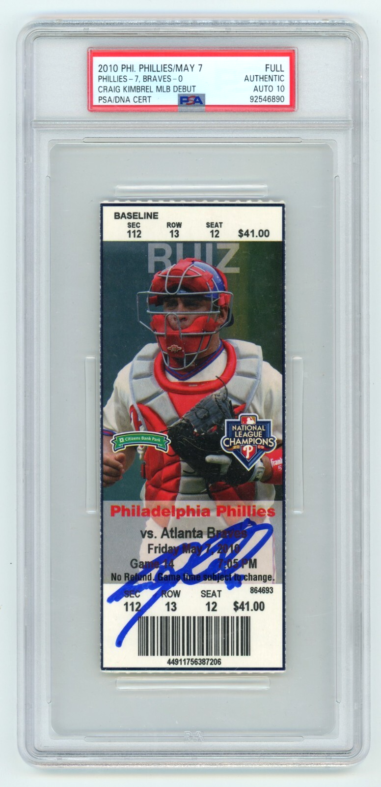 Craig Kimbrel Signed MLB Debut &amp; 1st Strikeout Season Ticket PSA 10 Auto Braves