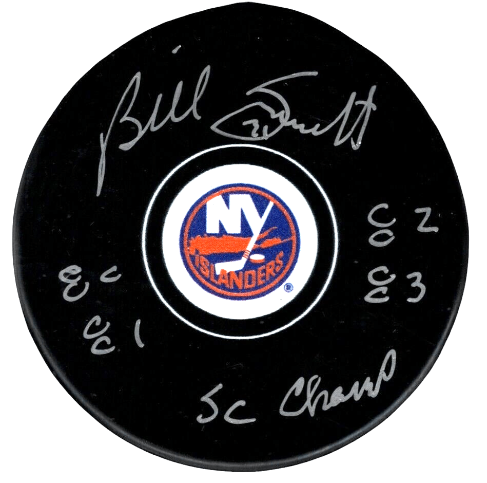 Billy Smith Signed Islanders Puck w/ 80 81 82 83 SC Champ Beckett Wit BAS COA