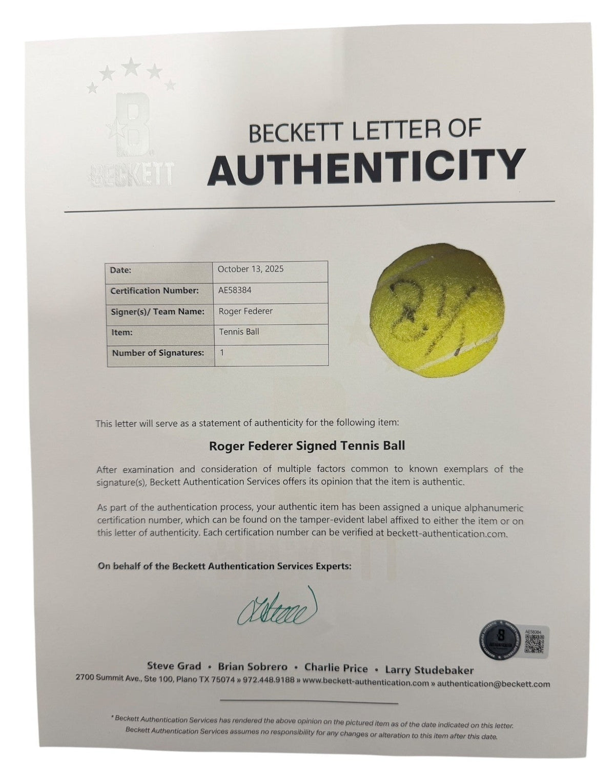 Roger Federer Signed Autographed PENN Tennis Ball Beckett BAS COA