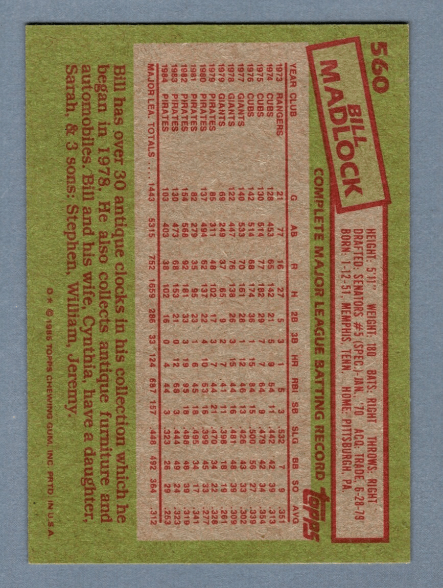 Bill Madlock Signed 1985 Topps Baseball #560 LSCM COA Pittsburgh Pirates