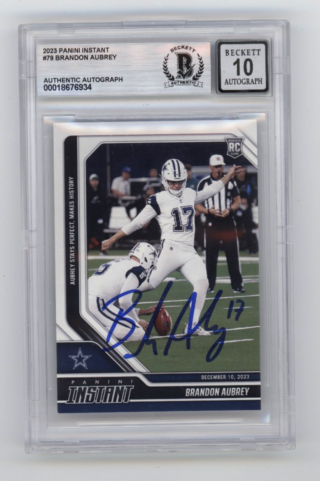 Brandon Aubrey 2023 Panini Instant #79 /612 Rookie RC Signed BGS 10 Auto Cowboys