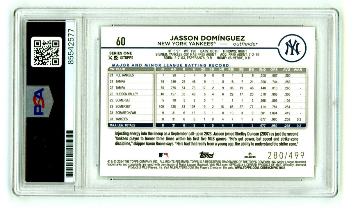 Jasson Dominguez 2024 Topps #60 Green Foilboard RC /499 PSA Authentic Auto