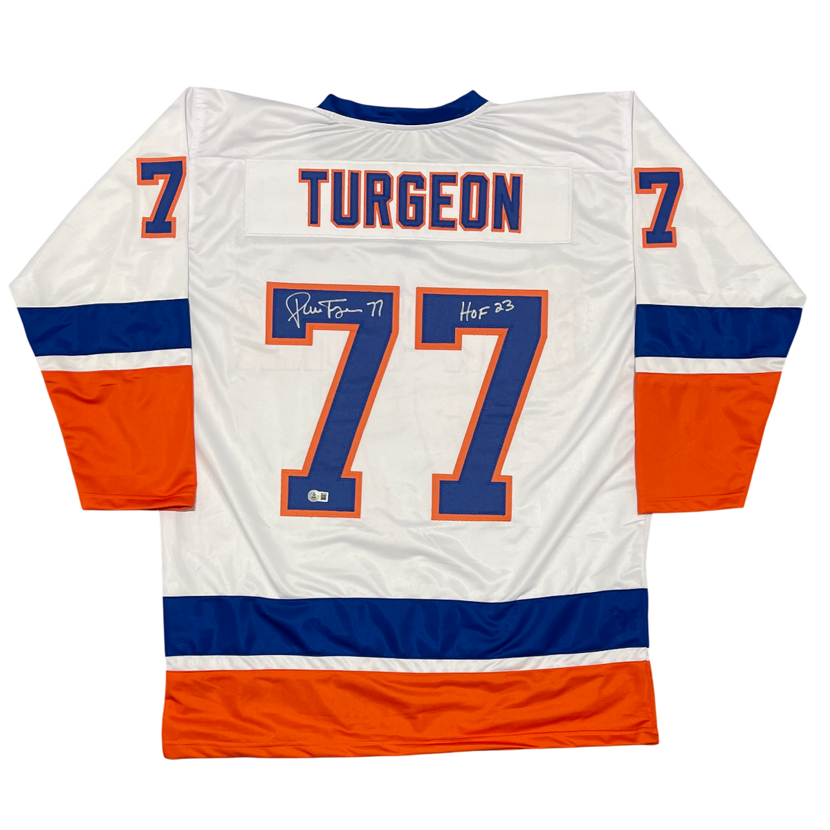Pierre Turgeon Signed Islanders Custom Jersey w/ HOF 23 Beckett Witness BAS COA
