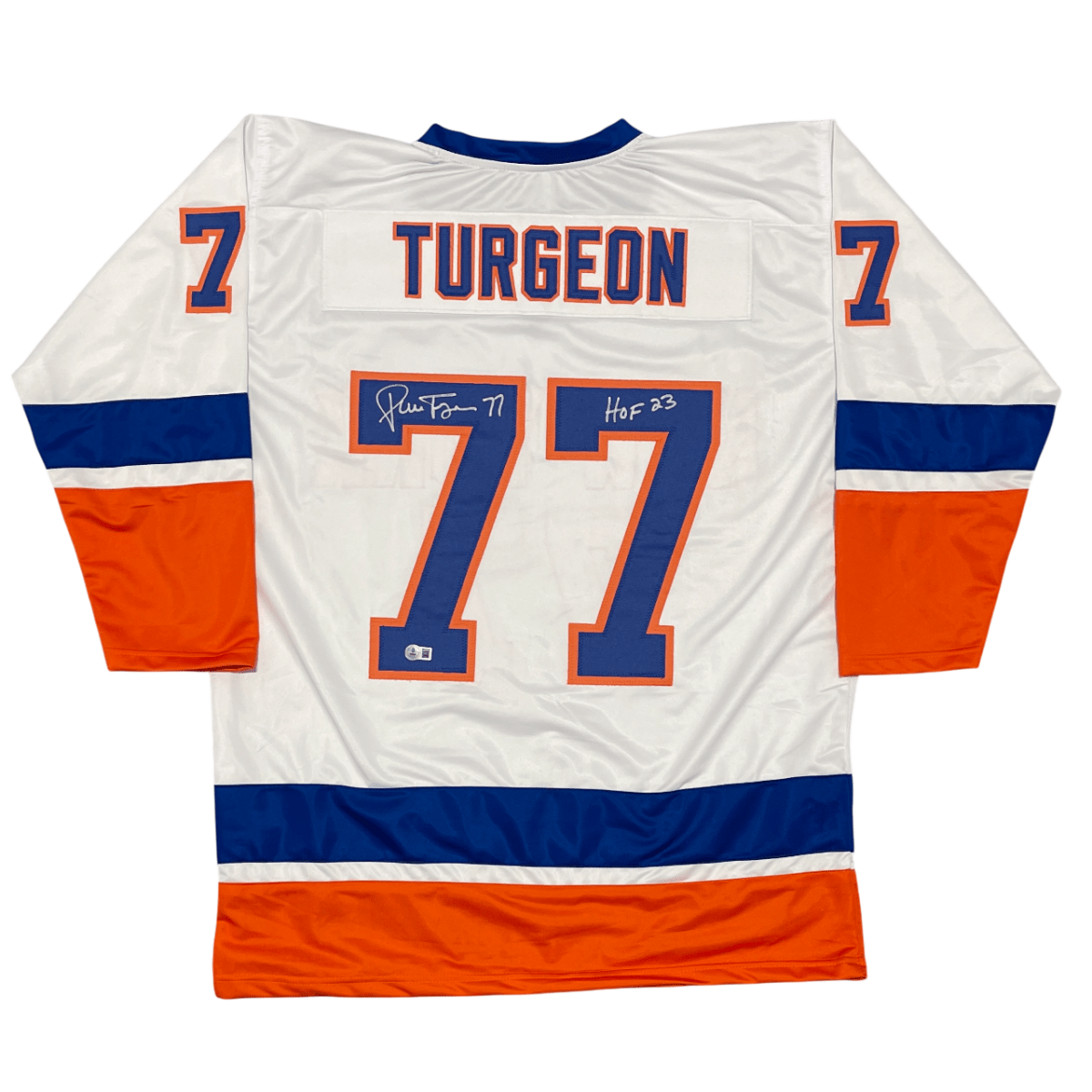 Pierre Turgeon Signed Islanders Custom Jersey w/ HOF 23 Beckett Witness BAS COA
